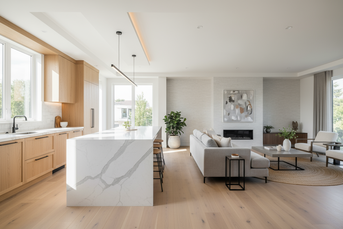 Reforma integral de cocina moderna con iluminación cálida en Madrid